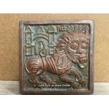 UNUSUAL POTTERY WALL TILE 7" SQUARE FEATURING A LION, CYRILLIC SCRIPT TO ONE CORNER