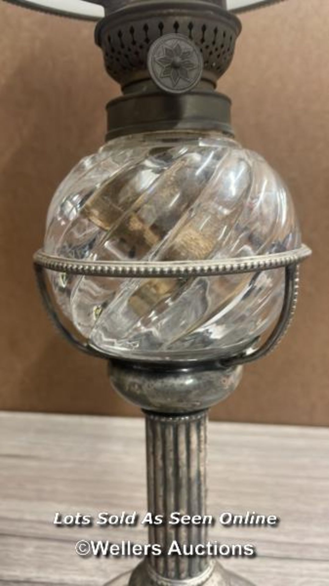*METAL OIL LAMP WITH HEAVY GLASS RESERVOIR AND MILK GLASS SHADE - Image 3 of 8