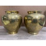 PAIR OF CHINESE ETCHED BRASS POTS DECORATED WITH BIRDS, 14.5CM HIGH