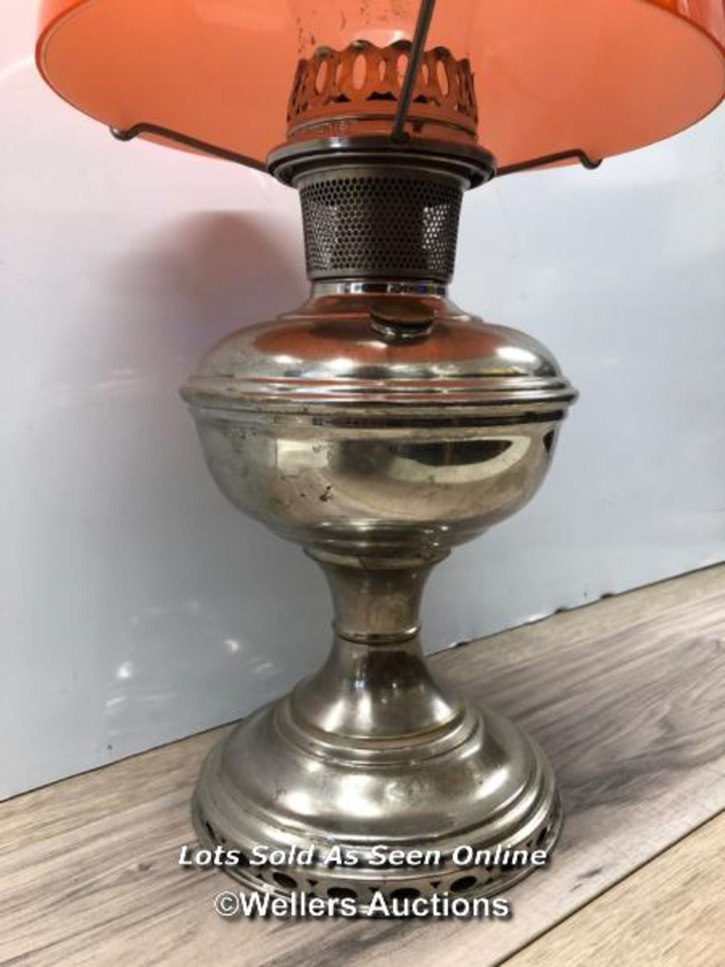 *CHROME PLATED OIL LAMP WITH RED GLASS SHADE - Image 2 of 2