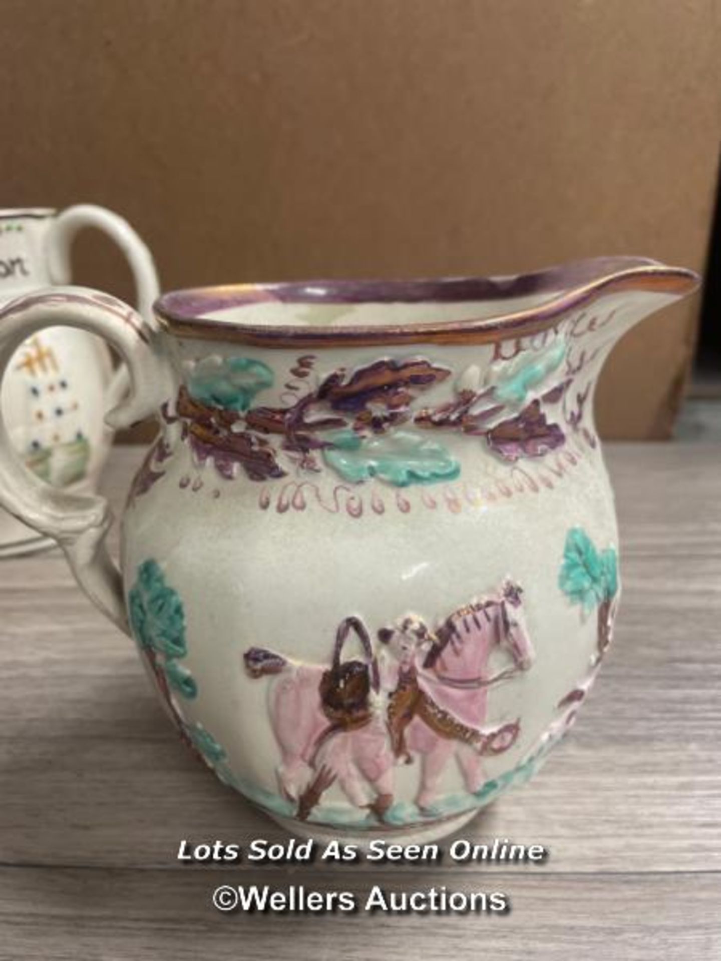 CAPATIN HARDY/ADMIRAL NELSON PRATTWARE JUG; SUNDERLAND LUSTRE JUG; TWO SMALLER JUGS - Image 2 of 10