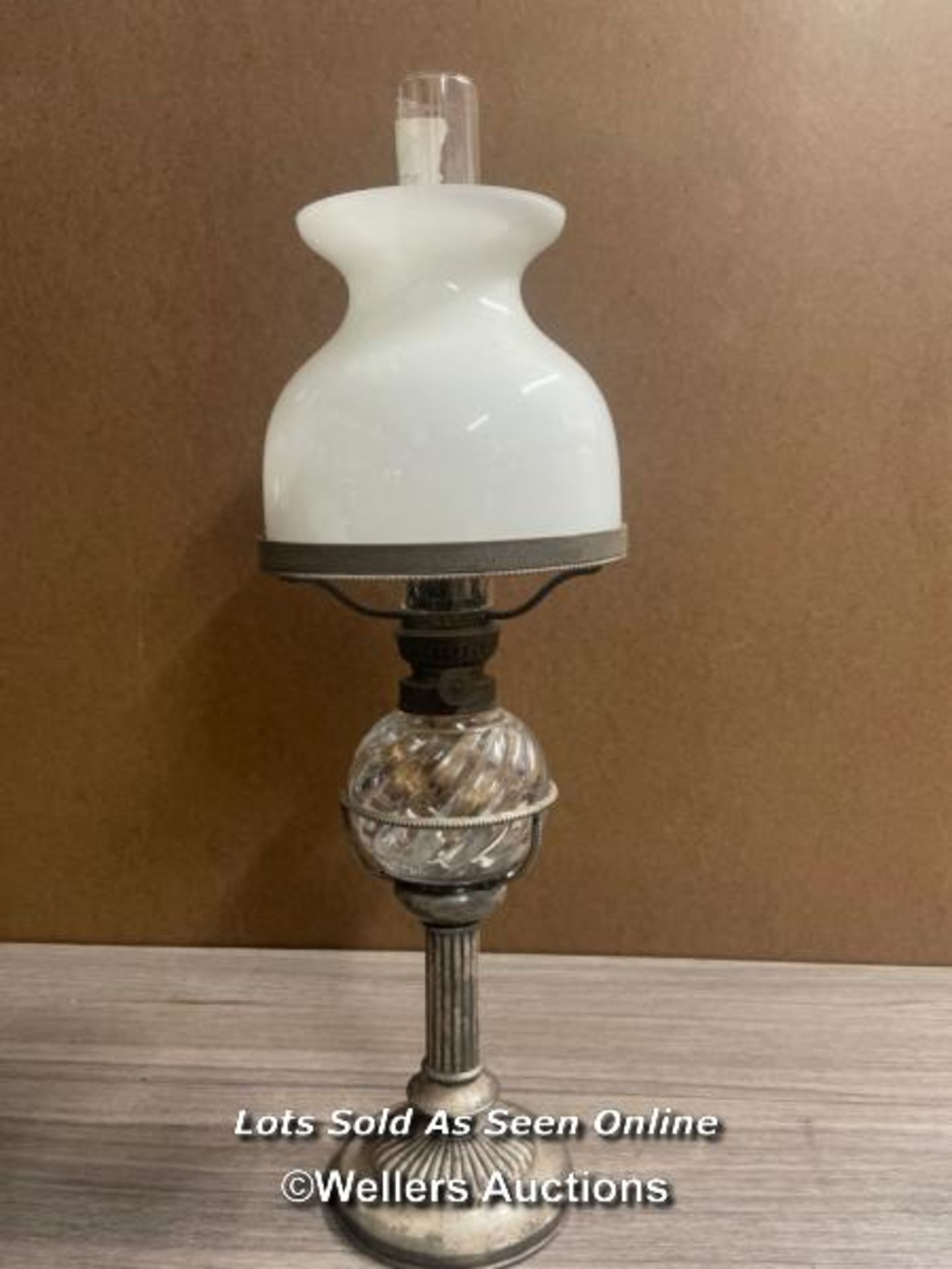 *METAL OIL LAMP WITH HEAVY GLASS RESERVOIR AND MILK GLASS SHADE