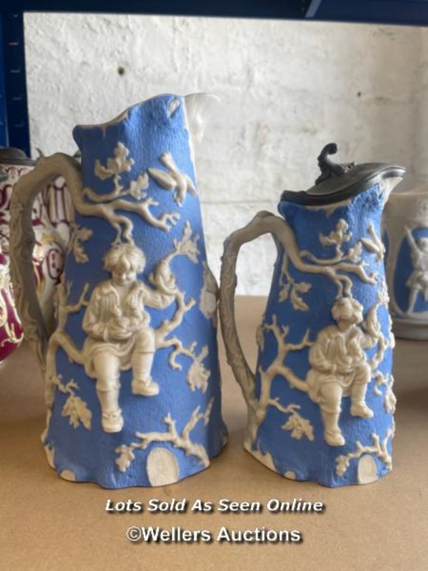 A COLLECTION OF VICTORIAN JUGS, SOME RELIEF MOULDED, SOME WITH LIDS, SOME GRADUATED PAIRS - Image 8 of 17