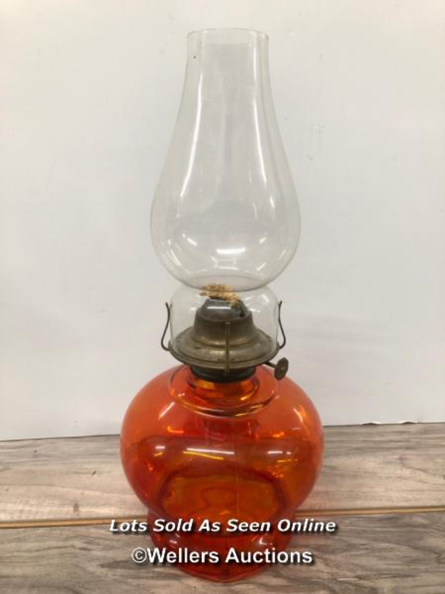 *OIL LAMP WITH RED GLASS SHADE