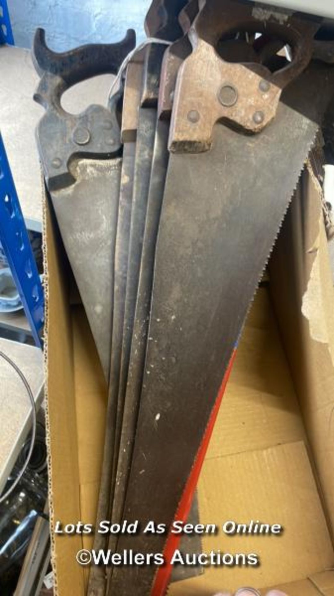 SIX LARGE VINTAGE HAND SAWS INCLUDING DISSTON
