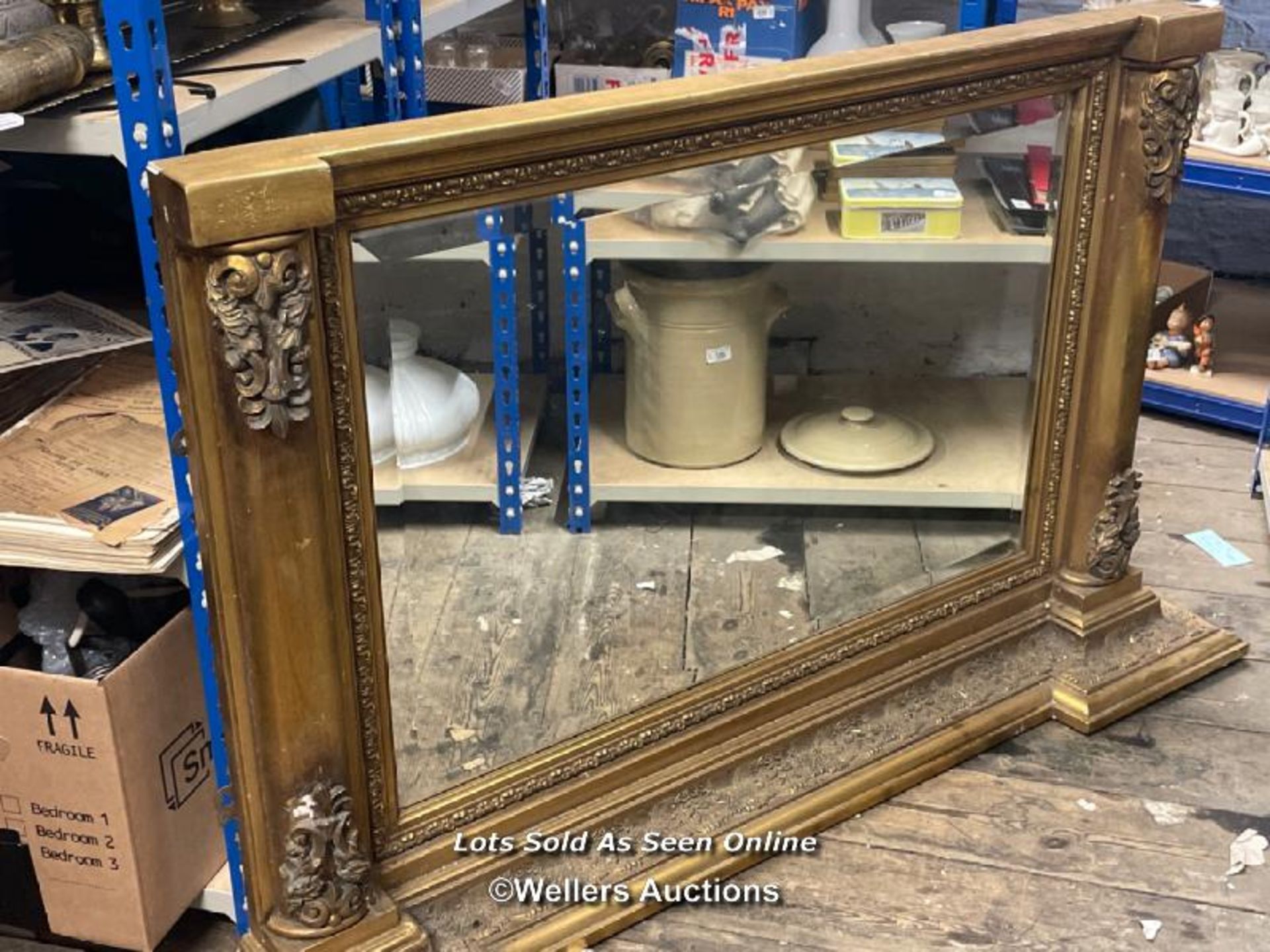 VICTORIAN STYLE GILT OVERMANTLE MIRROR, 140 X 84CM