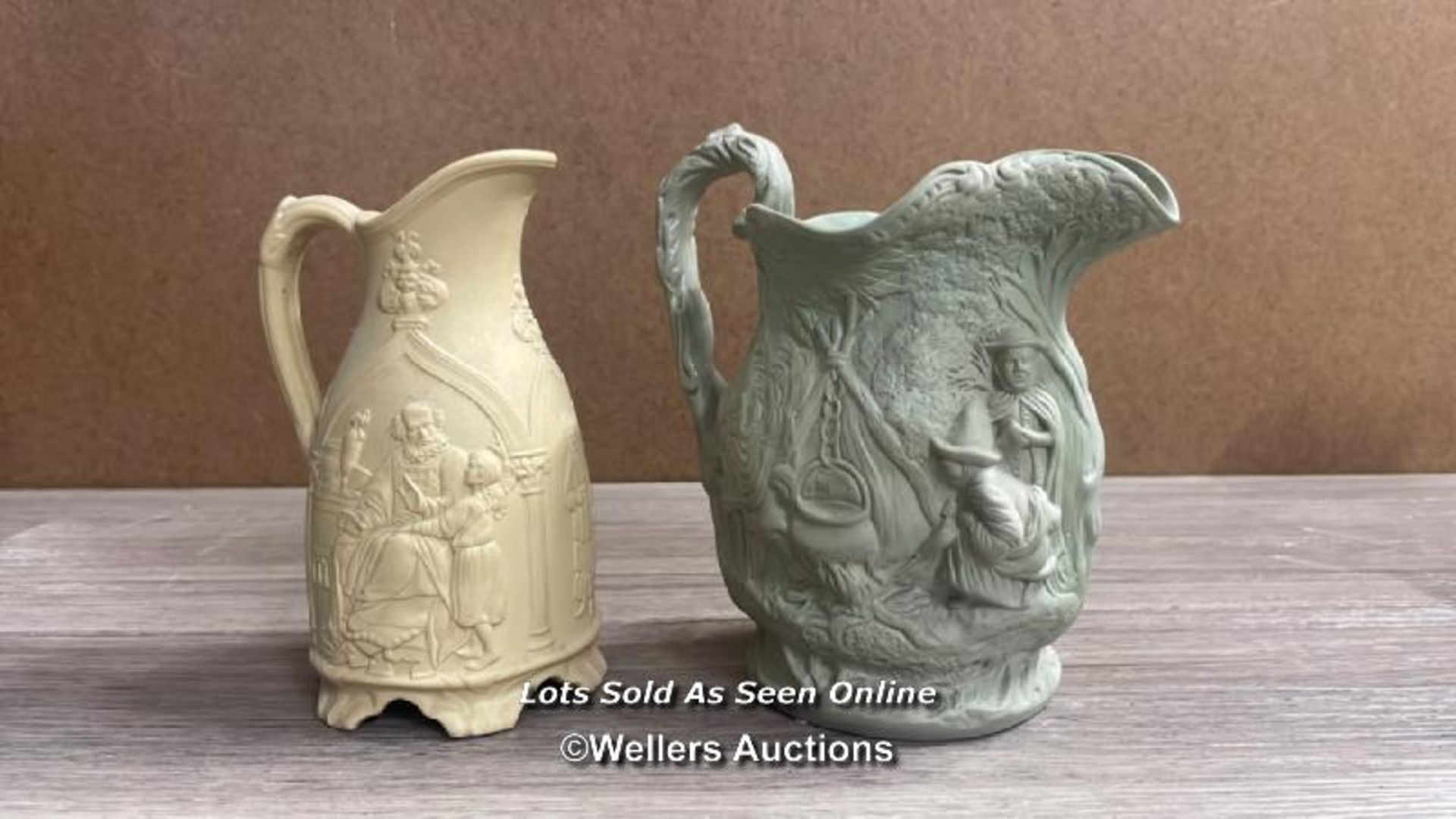 JONES & WALLEY GIPSEY RELIEF MOULDED JUG; RIDGWAY RELIEF MOULDED JUG AND FOUR SIMILAR EXAMPLES - Image 2 of 8