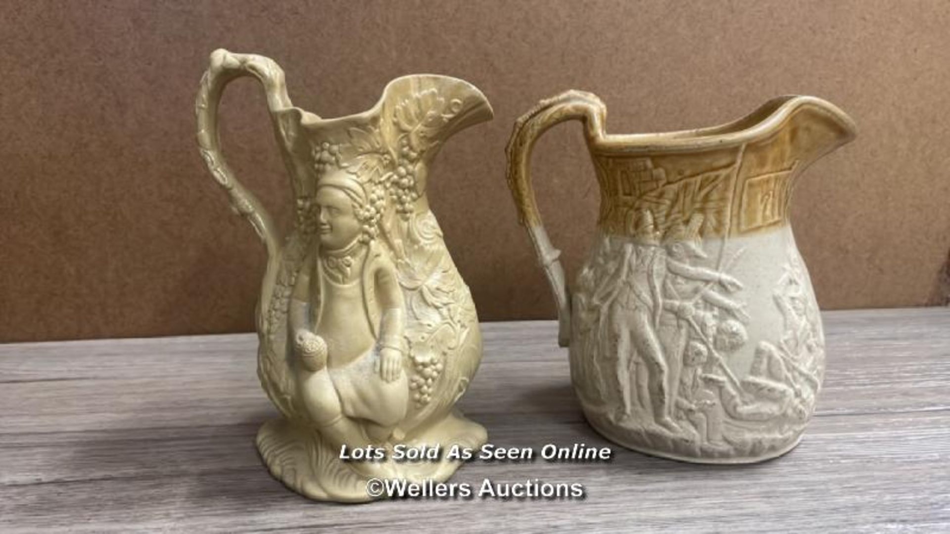 JONES & WALLEY GIPSEY RELIEF MOULDED JUG; RIDGWAY RELIEF MOULDED JUG AND FOUR SIMILAR EXAMPLES - Image 7 of 8