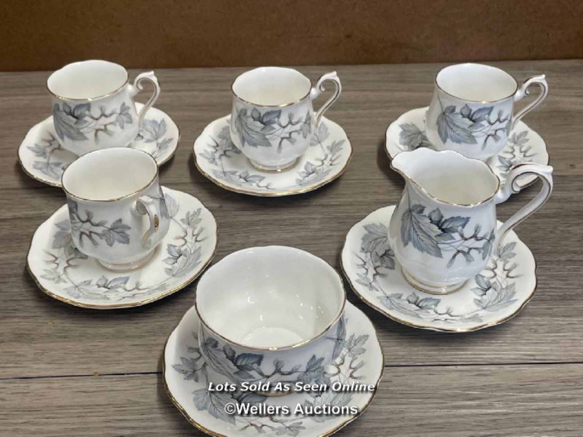 A PART ROYAL ALBERT "SILVER MAPLE" DESIGN COFFEE SET OF FOUR CUPS, SIX SAUCERS, SUGAR BOWL AND