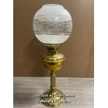 *DUPLEX BRASS OIL LAMP, ETCHED GLASS SHADE