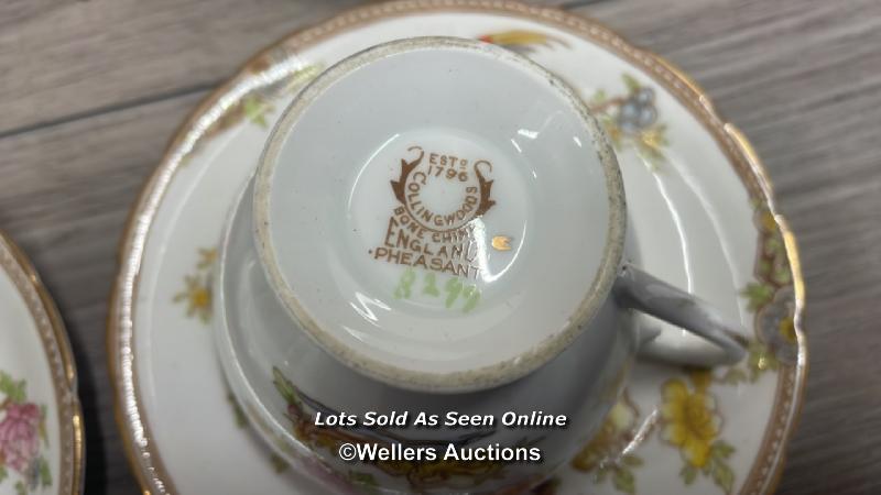 A PART COLLINGWOODS PHEASANT DESIGN BONE CHINA TEA SERVICE OF FOUR CUPS (ONE DAMAGED), FIVE SAUCERS, - Image 5 of 5