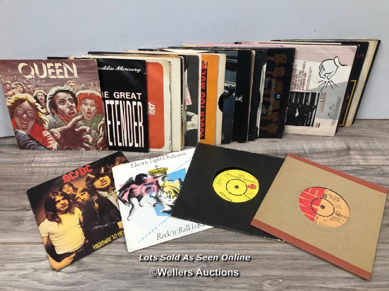 APPROX. 40 X CLASSIC ROCK VINYL SINGLES INCLUDING AC/DC, QUEEN, THE ROLLING STONES, BLACK SABBATH