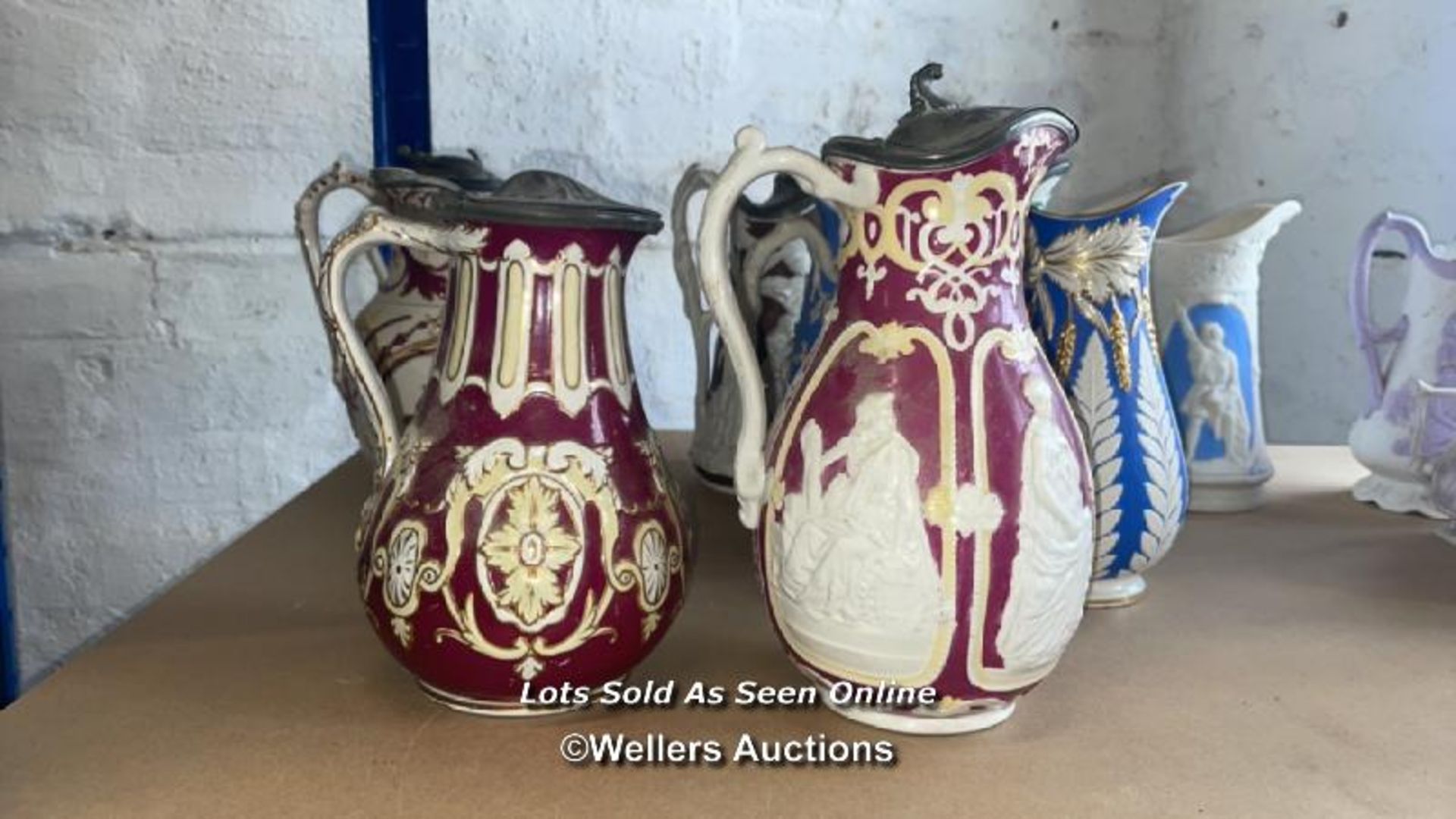 A COLLECTION OF VICTORIAN JUGS, SOME RELIEF MOULDED, SOME WITH LIDS, SOME GRADUATED PAIRS - Image 4 of 17