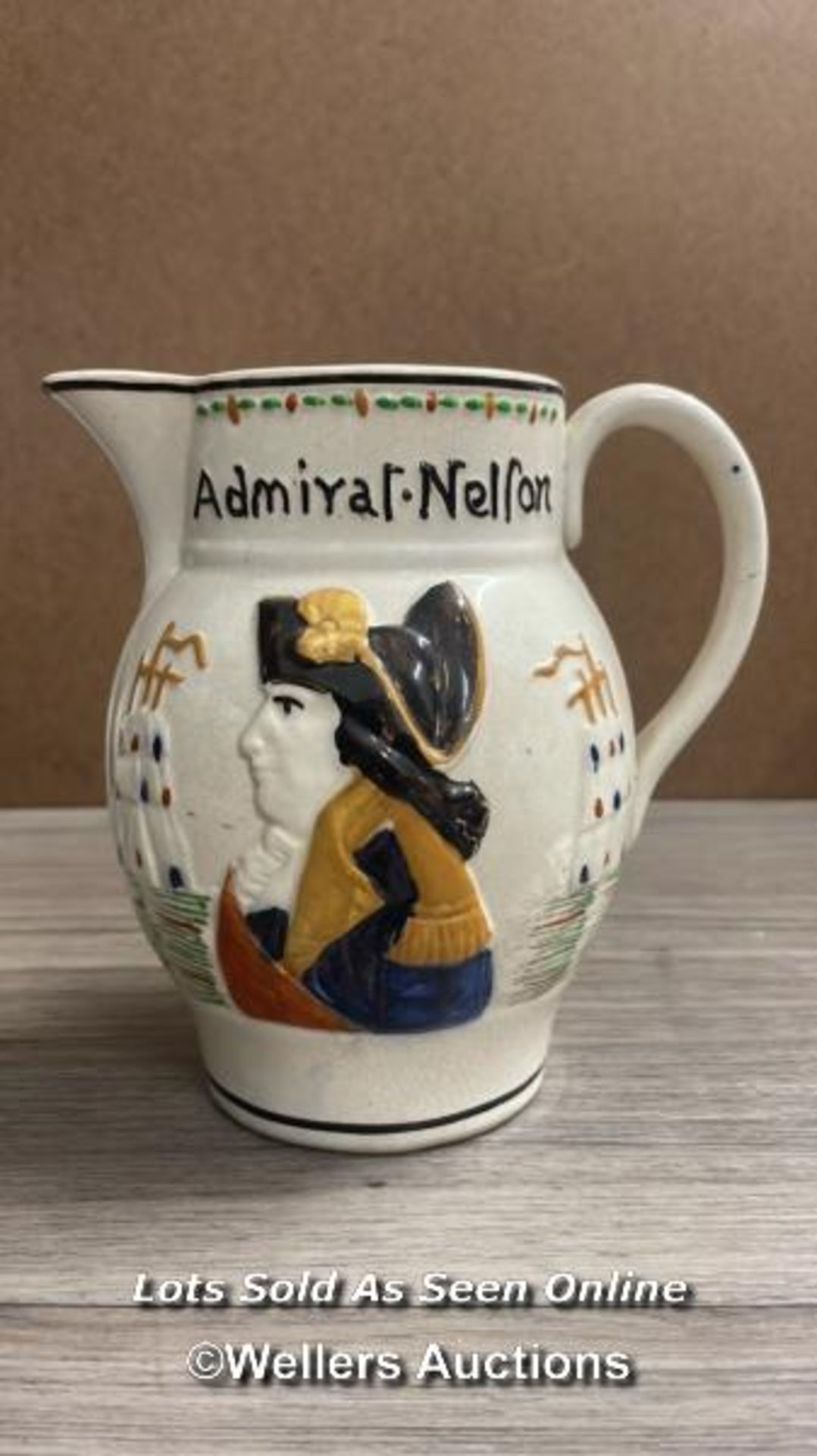 CAPATIN HARDY/ADMIRAL NELSON PRATTWARE JUG; SUNDERLAND LUSTRE JUG; TWO SMALLER JUGS - Image 5 of 10