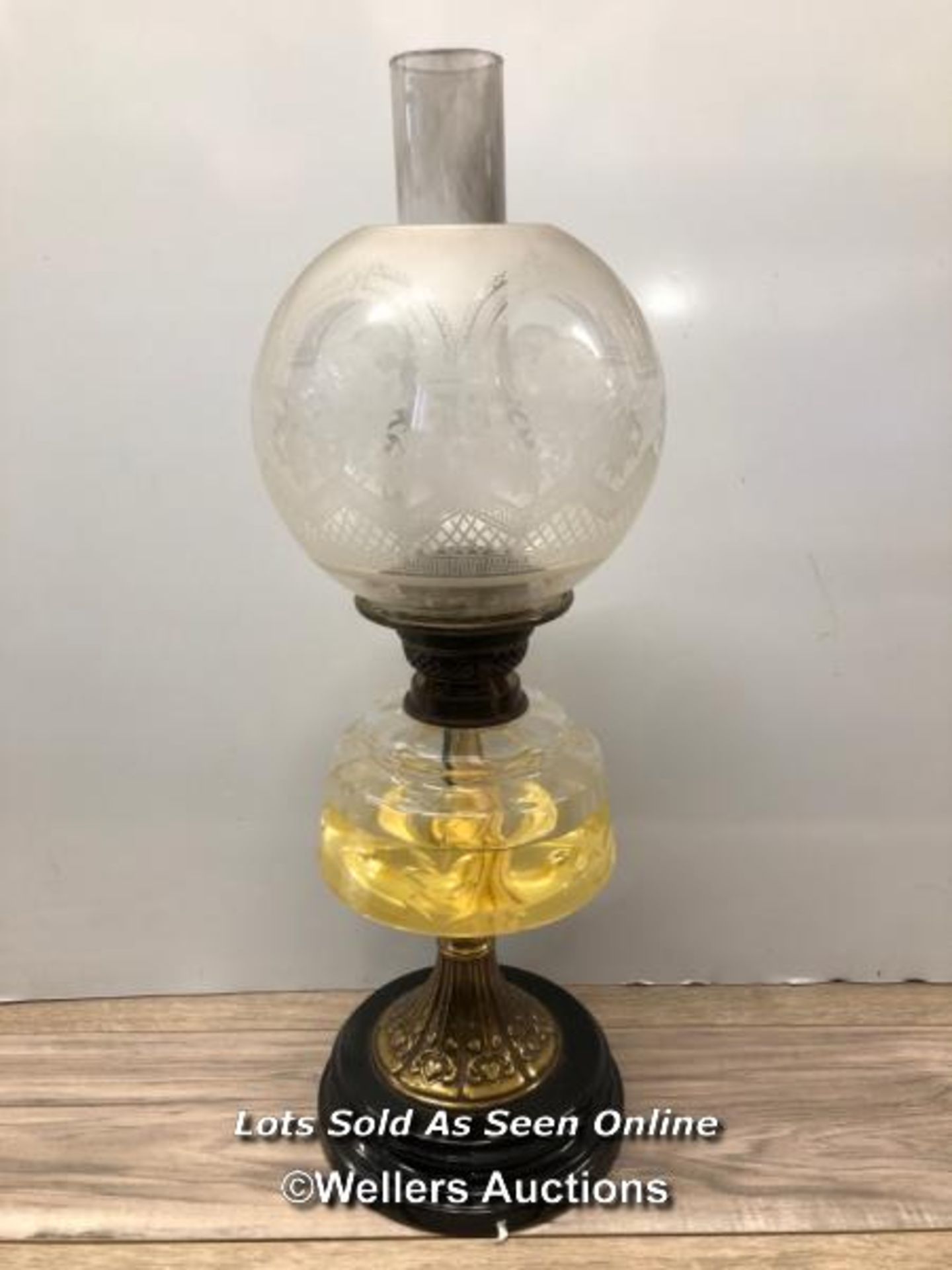 OIL LAMP, ETCHED GLASS SHADE, GLASS RESERVOIR AND BRASS BASE