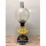 OIL LAMP, ETCHED GLASS SHADE, GLASS RESERVOIR AND BRASS BASE