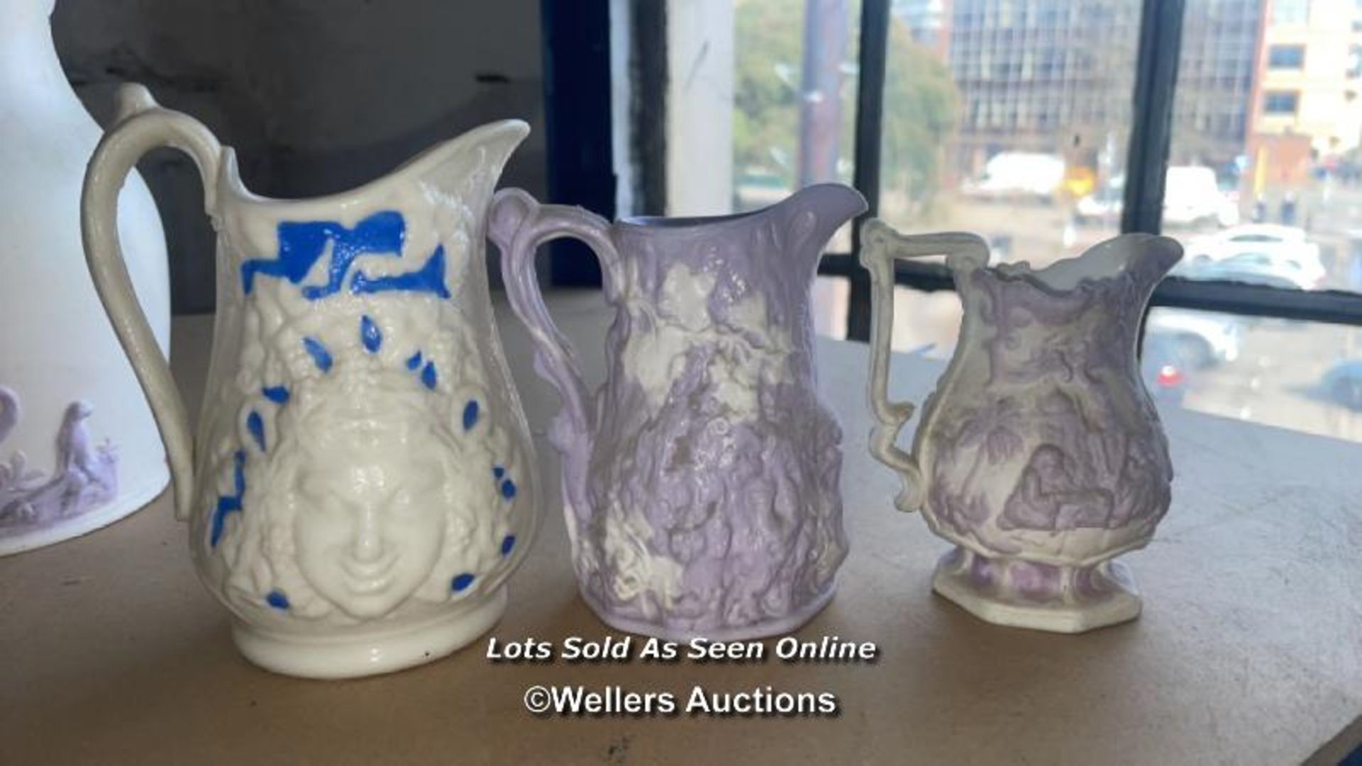 A COLLECTION OF VICTORIAN JUGS, SOME RELIEF MOULDED, SOME WITH LIDS, SOME GRADUATED PAIRS - Image 16 of 17