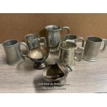 PLATED SUGAR SCUTTLE, SUGAR BOWL, VARIOUS PEWTER TANKARDS