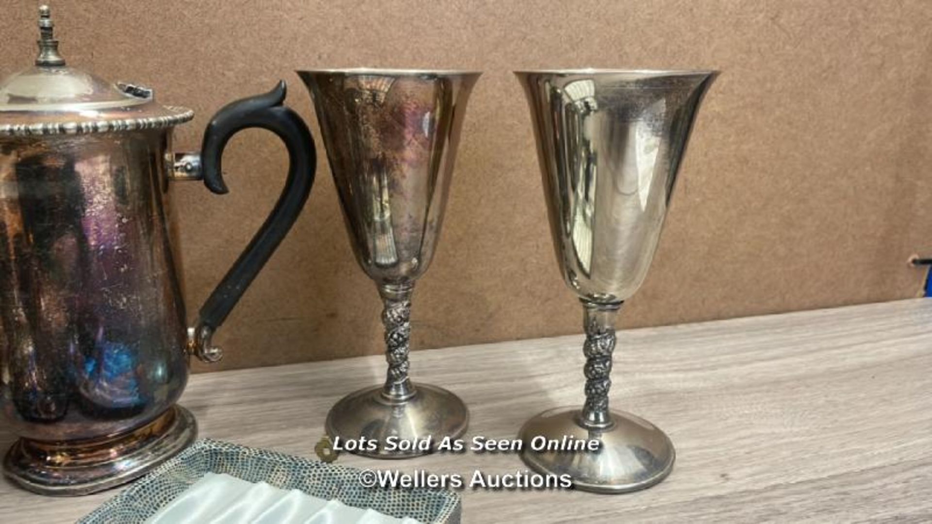 PLATED METAL WARE INCLUDING GOBLETS, BABY SPOON SET, PERFUM BOTTLE, SHERRY GOBLETS AND TEA POT - Image 2 of 7
