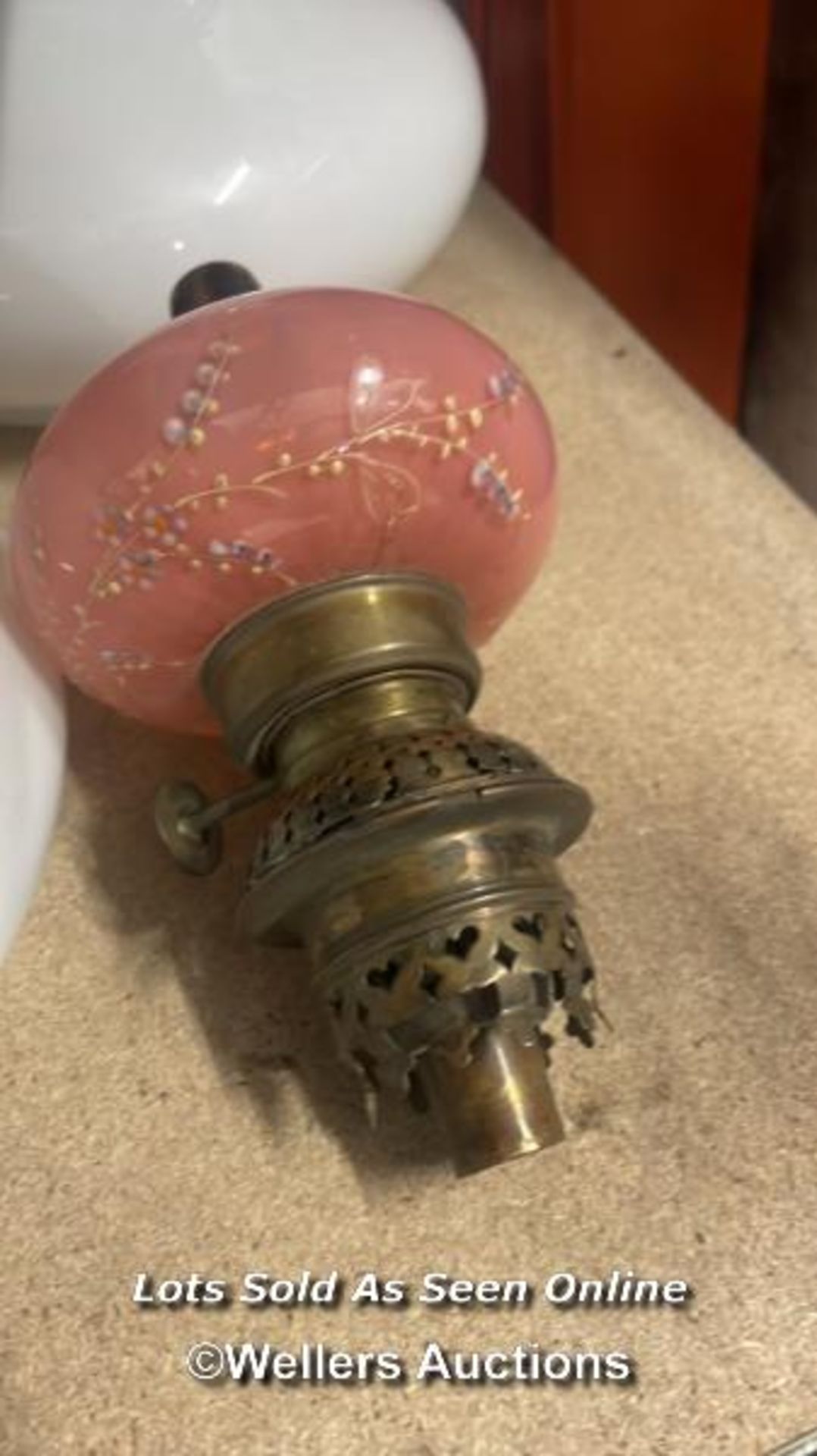 *NINE OIL LAMP SHADES; PINK GLASS RESERVOIR - Image 2 of 11