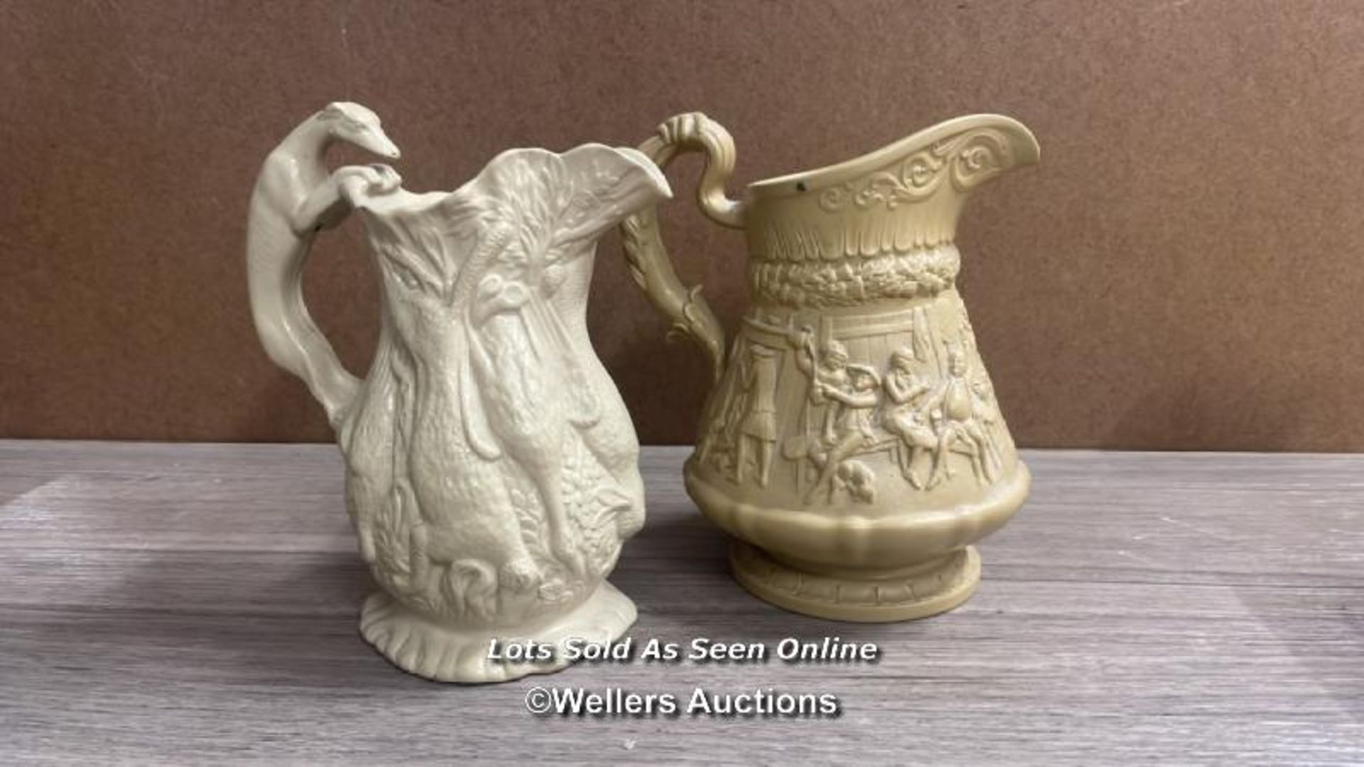 JONES & WALLEY GIPSEY RELIEF MOULDED JUG; RIDGWAY RELIEF MOULDED JUG AND FOUR SIMILAR EXAMPLES - Image 4 of 8