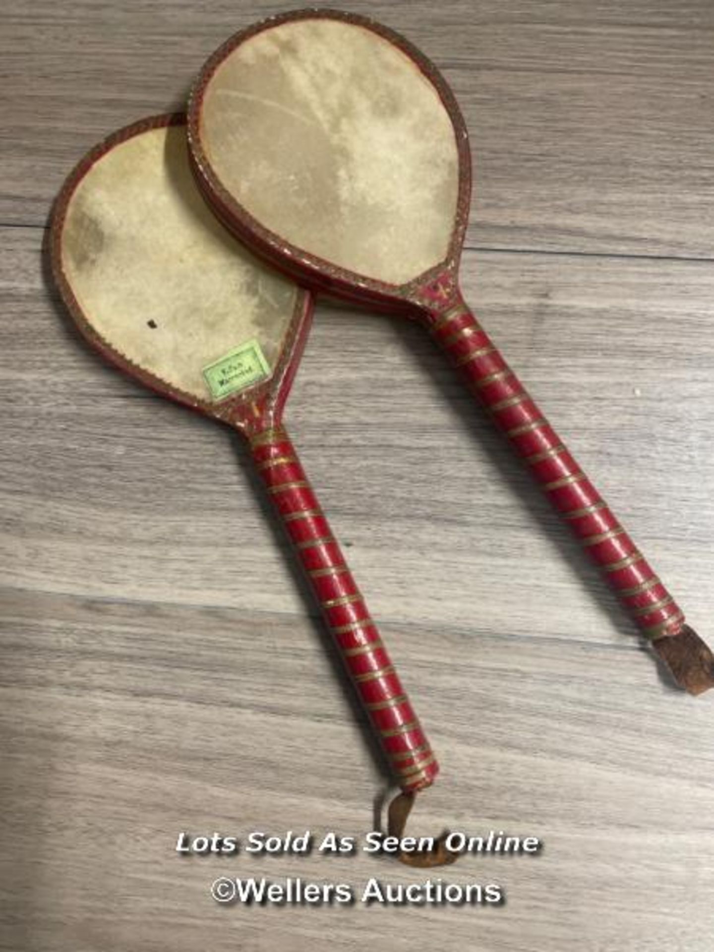 *2X LEATHER & SKIN ANTIQUE VINTAGE TABLE TENNIS / PING PONG BATS / PADDLES VELLUM