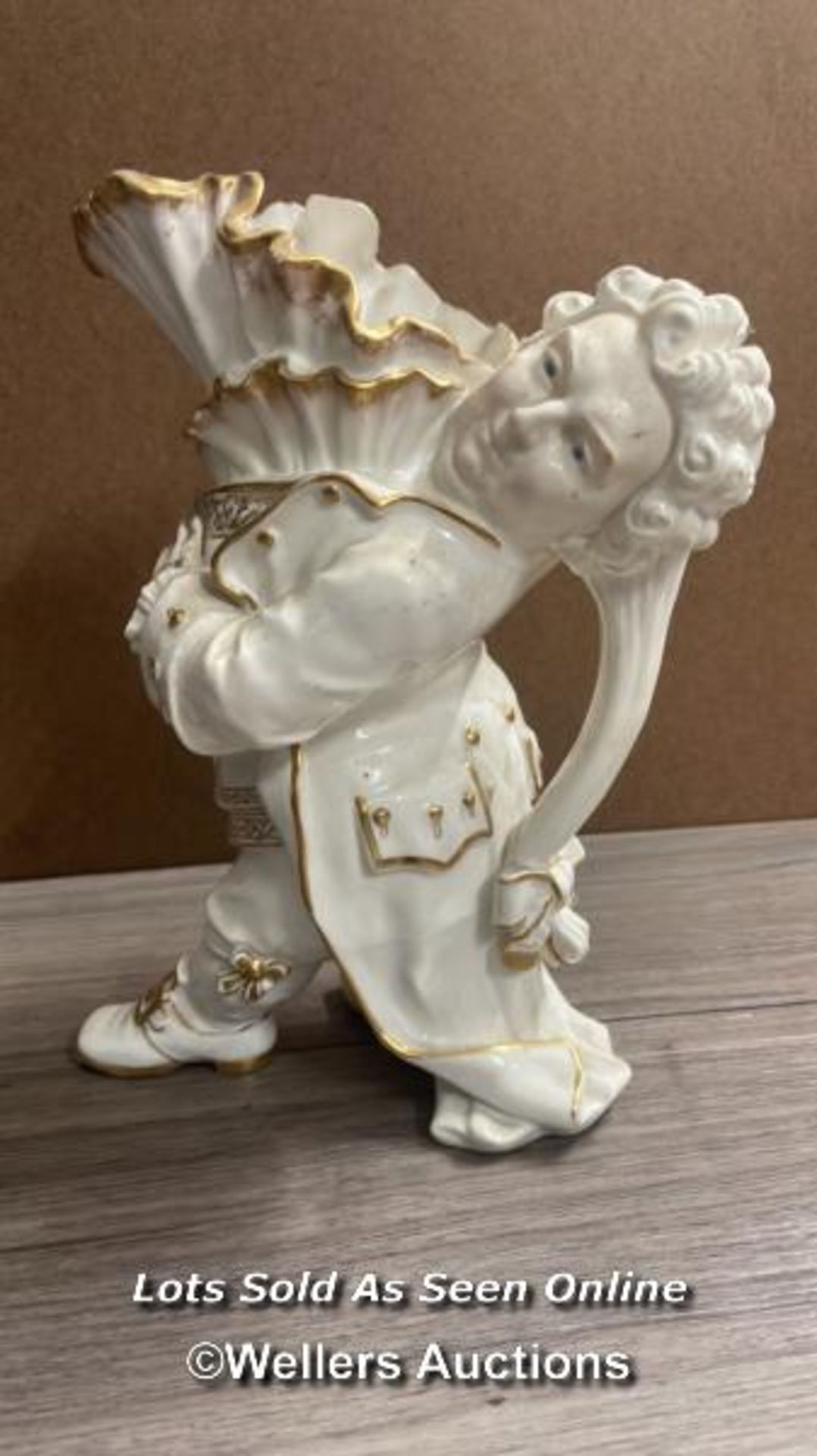 VICTORIAN GILT HEIGHTENED CHARACTER JUG MODELLED AS A PORTLY MAN WITH FRILLED SHIRT; BLUE GLAZE - Image 5 of 9