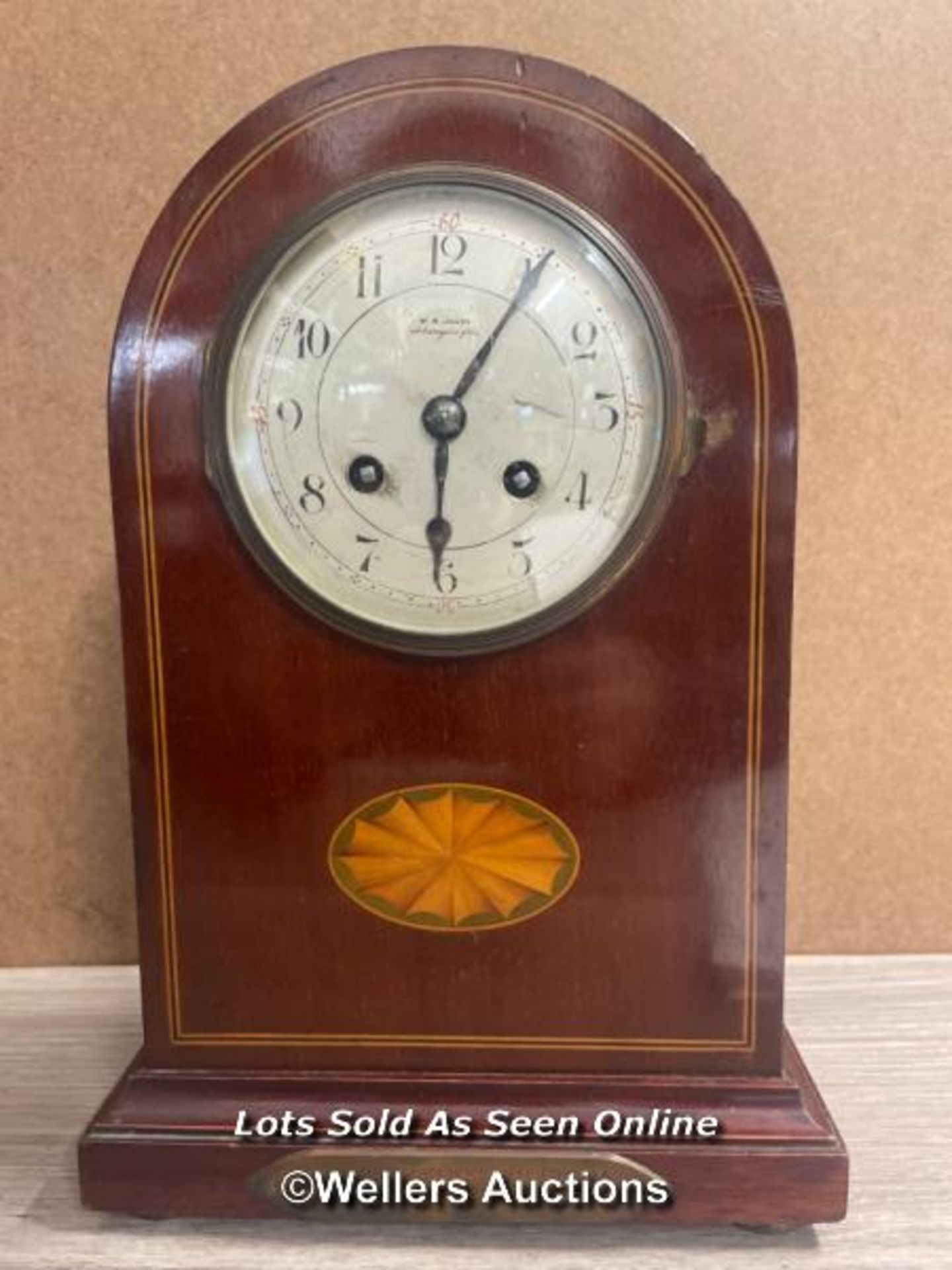 WELSH MANTLE CLOCK - EDWARDIAN INLAID MAHOGONY, FRENCH MOVEMENT, W.R. JONES ABERYSWYTH,