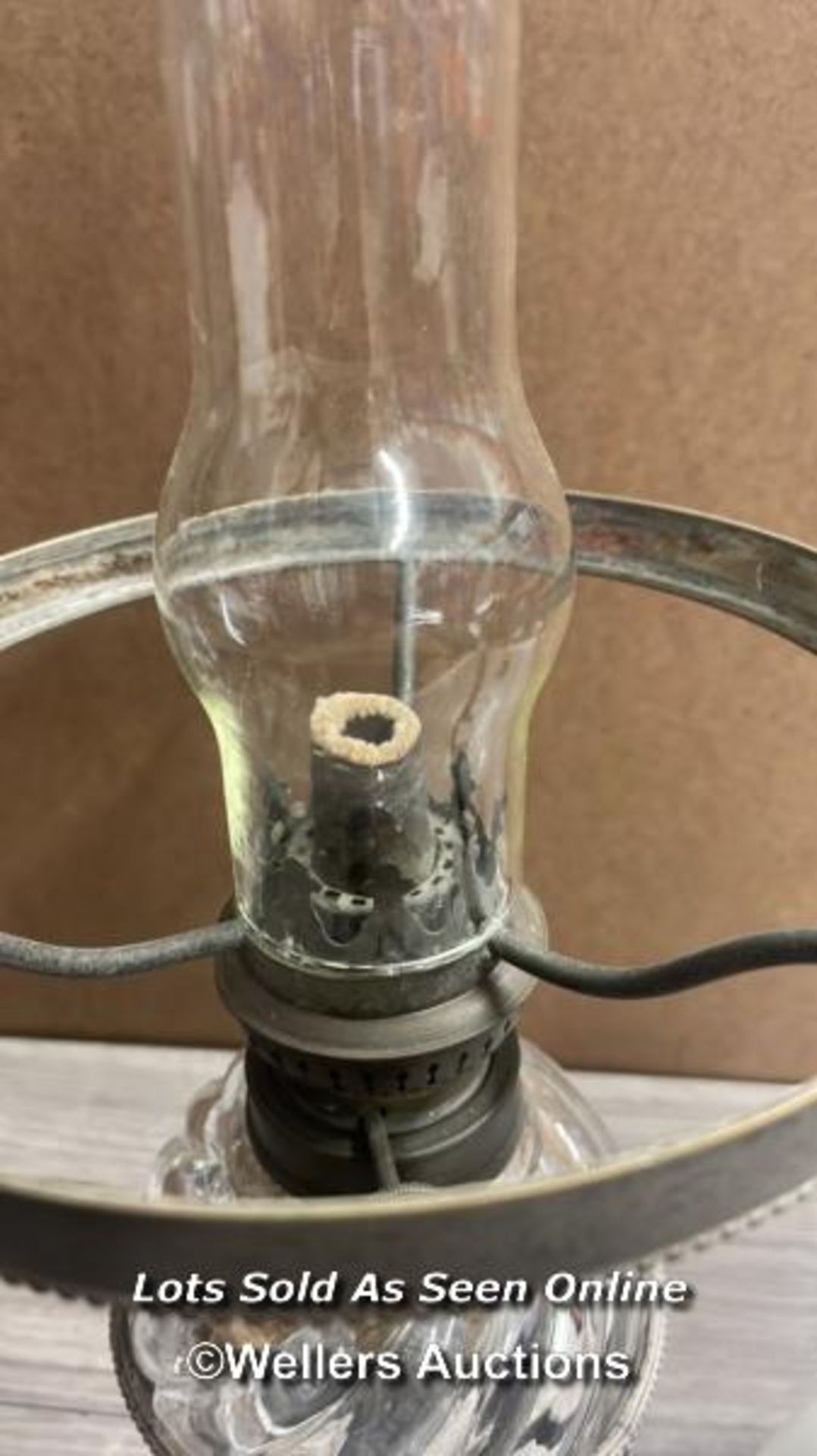 *METAL OIL LAMP WITH HEAVY GLASS RESERVOIR AND MILK GLASS SHADE - Image 6 of 8