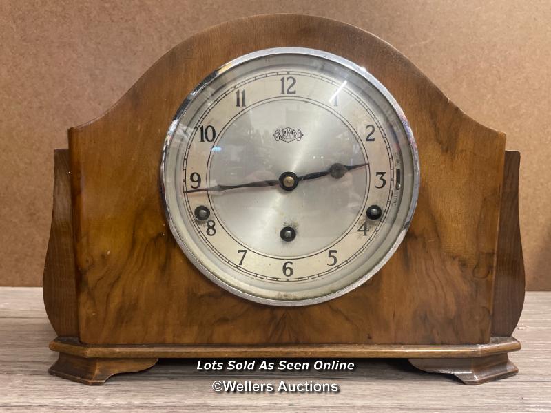 1930'S GARRARD WALNUT MANTLE CLOCK, THREE TRAIN MOVEMENT