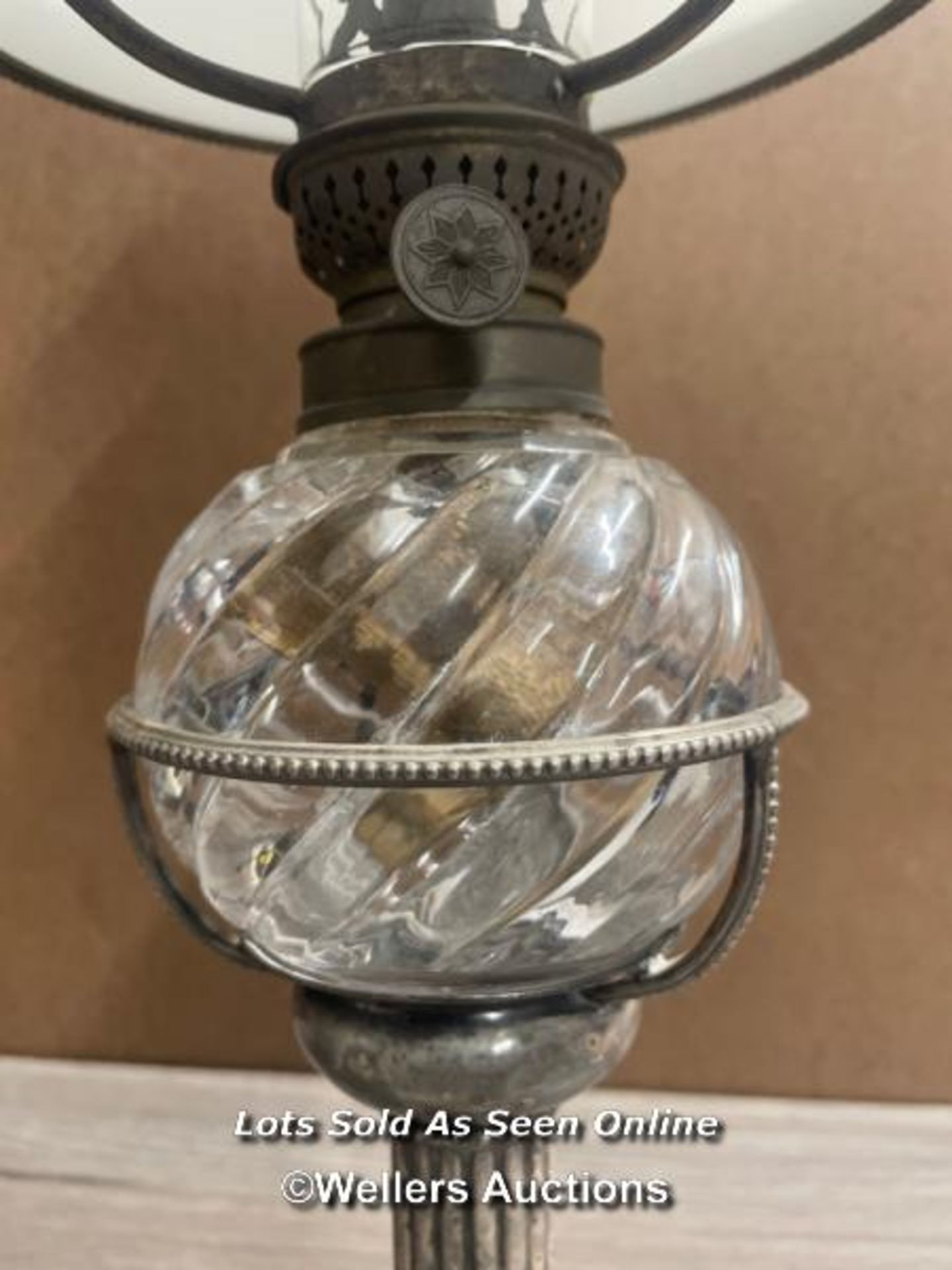 *METAL OIL LAMP WITH HEAVY GLASS RESERVOIR AND MILK GLASS SHADE - Image 2 of 8