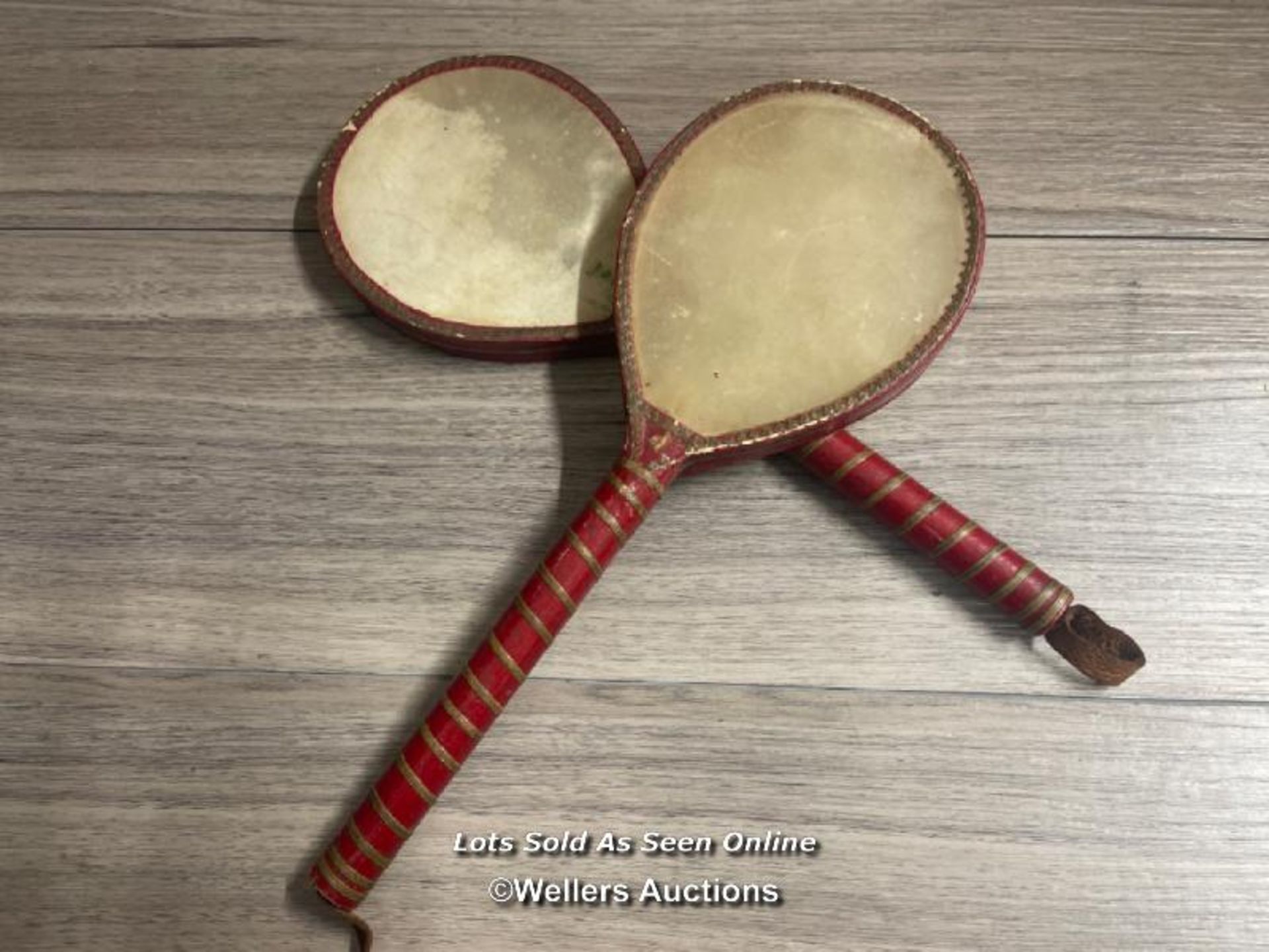 *2X LEATHER & SKIN ANTIQUE VINTAGE TABLE TENNIS / PING PONG BATS / PADDLES VELLUM - Image 2 of 2