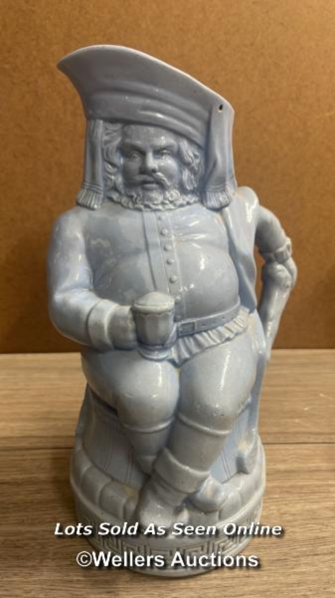 VICTORIAN GILT HEIGHTENED CHARACTER JUG MODELLED AS A PORTLY MAN WITH FRILLED SHIRT; BLUE GLAZE - Image 2 of 9