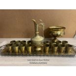 MIDDLE EASTERN BRASS TRAY, JUG, TUMBLERS, BOWL