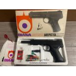 BOXED DIANA SP50 4.5MM AIR PISTOL WITH DARTS AND PELLETS.