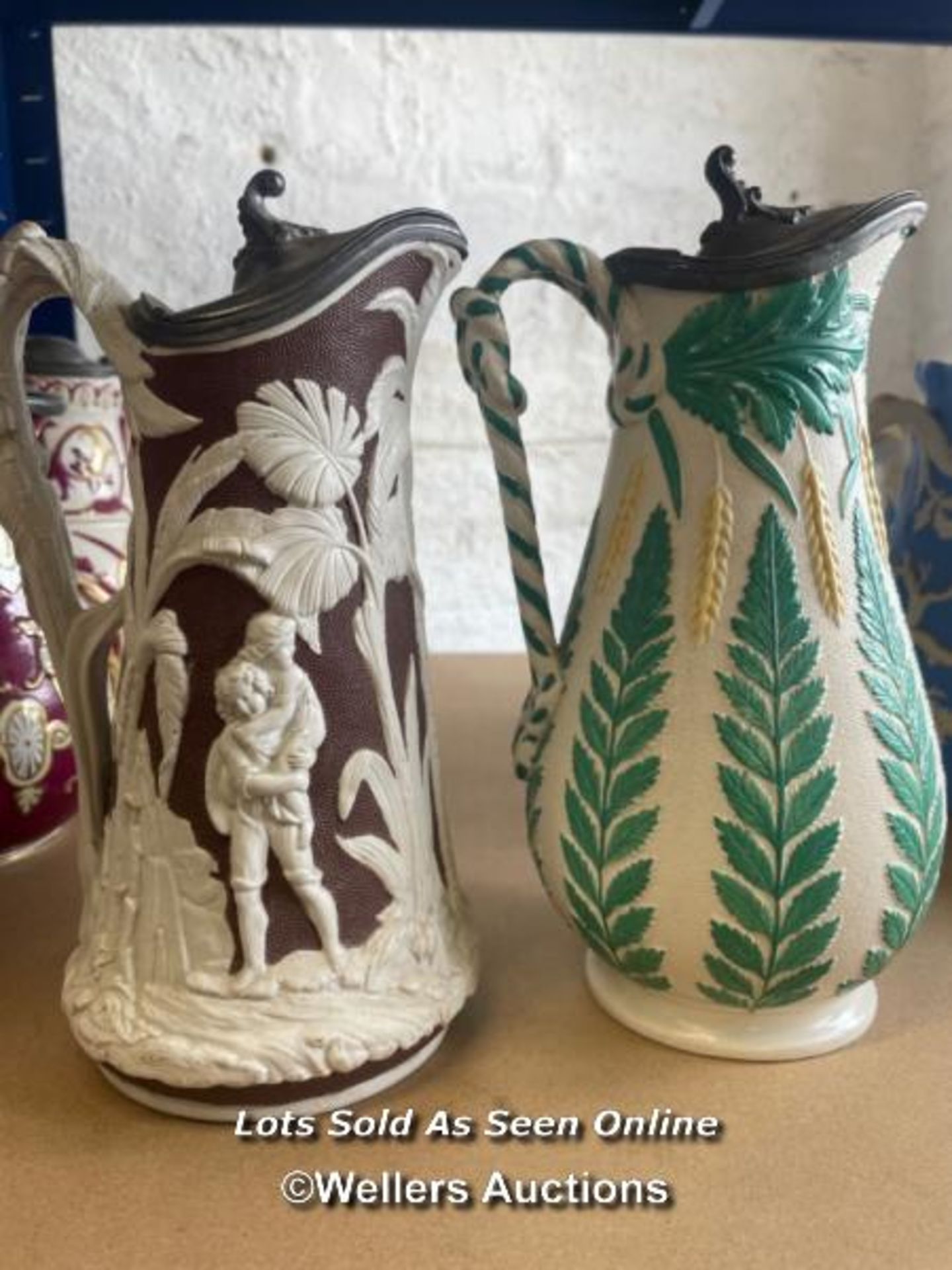 A COLLECTION OF VICTORIAN JUGS, SOME RELIEF MOULDED, SOME WITH LIDS, SOME GRADUATED PAIRS - Image 6 of 17