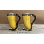 PAIR OF SYLVAC STIRRUP CUPS WITH SILVERED RIMS, LABELS & NO. 4574, ONE HANDLE AS FOUND