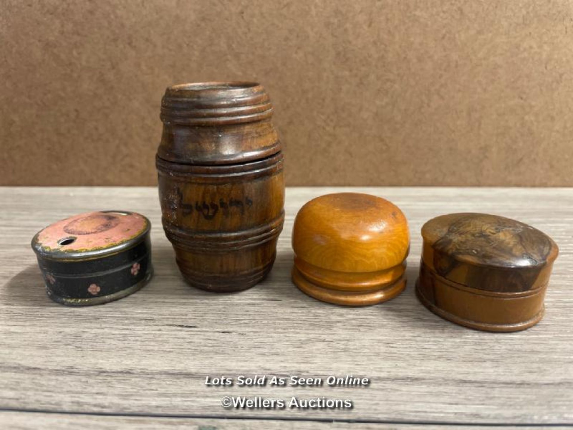 TREEN BARREL, TWO TREEN PILL POTS AND VINTAGE POWDER POT