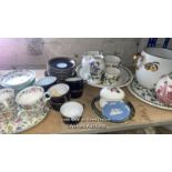 MINTON HADDON HALL, FOUR CUPS, SAUCERS AND TEA PLATES, OVAL DISH, PIN DISH; ROMANOV PORCELAIN 7 CUPS