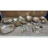 ASSORTED PLATED METAL WARE INCLUDING DISHES AND CUTLERY