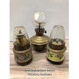 *TWO SMALL CLOISONEE PARAFFIN LAMPS AND A SIMILAR BRASS EXAMPLE