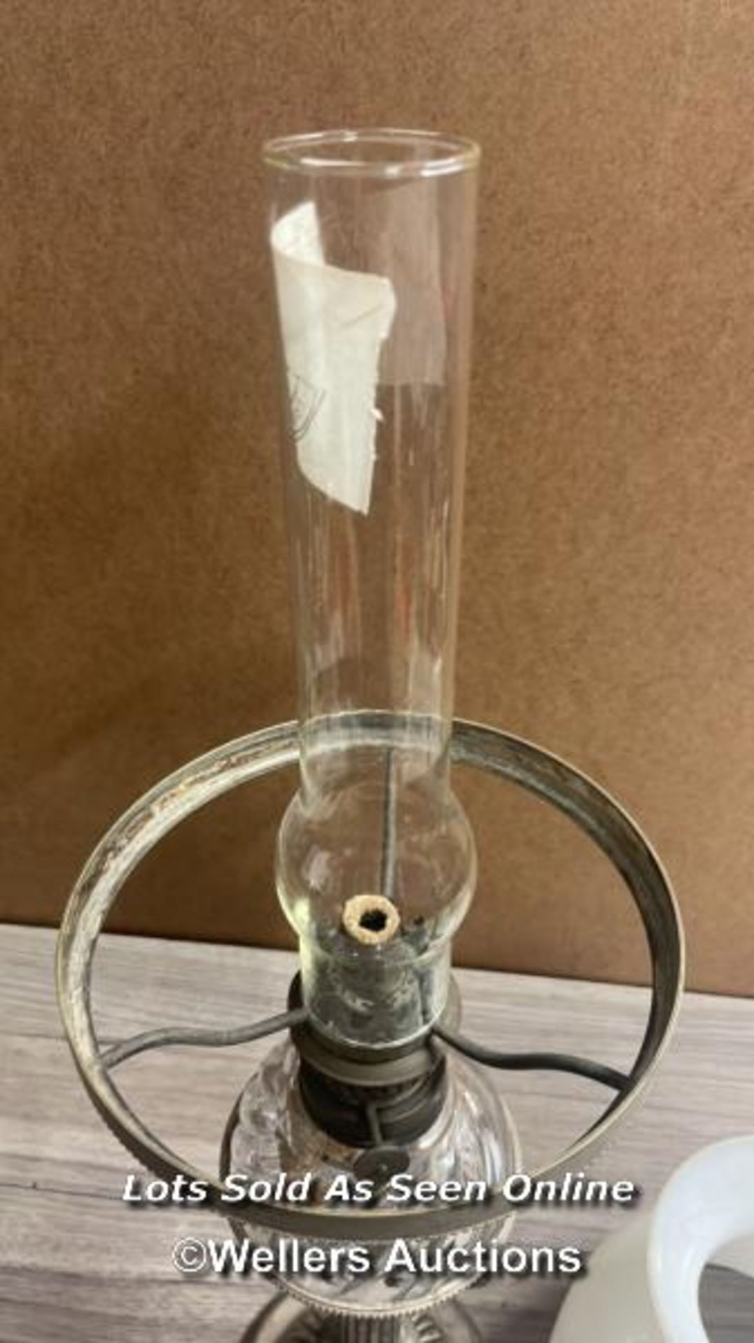 *METAL OIL LAMP WITH HEAVY GLASS RESERVOIR AND MILK GLASS SHADE - Image 5 of 8