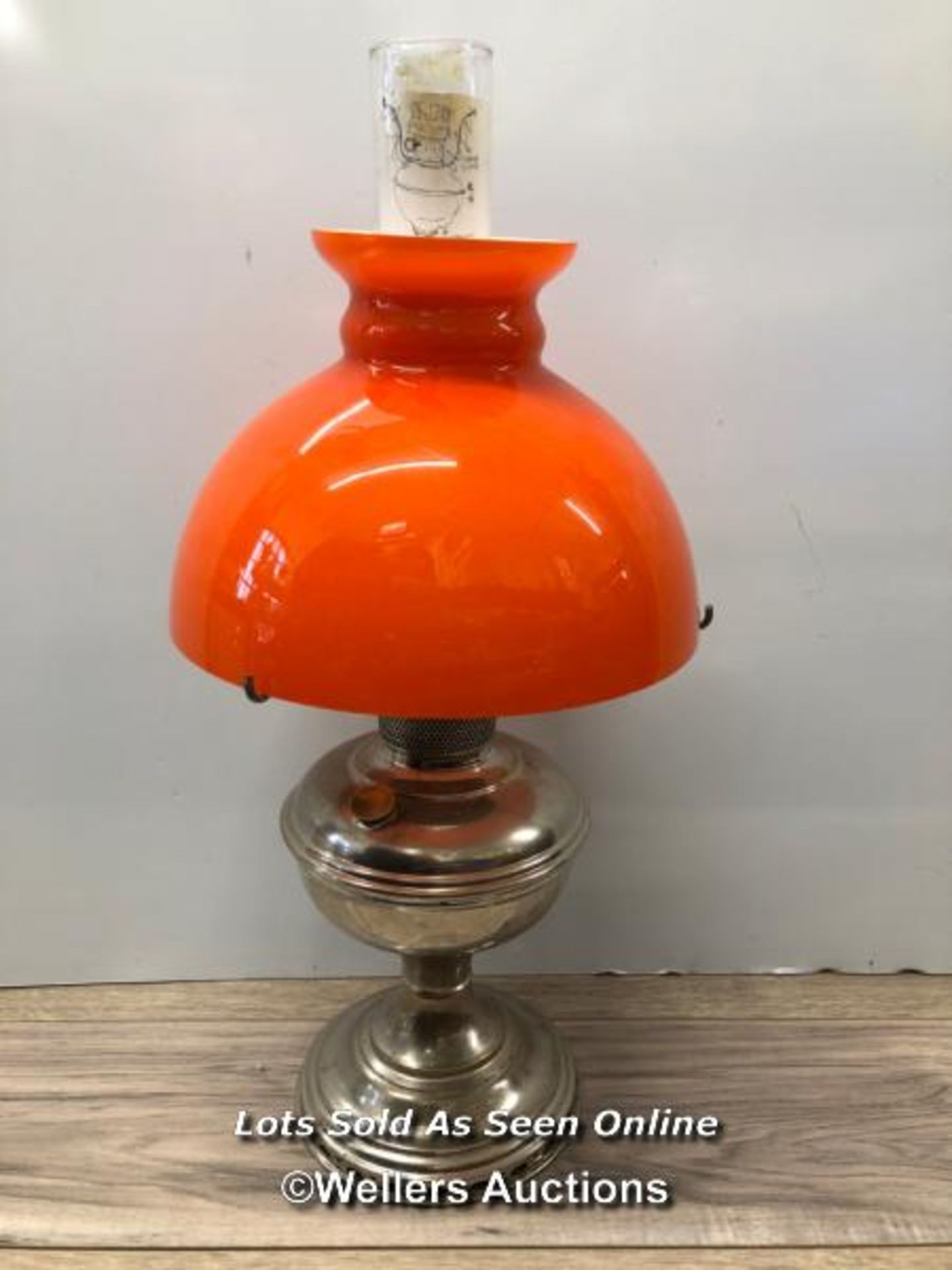 *CHROME PLATED OIL LAMP WITH RED GLASS SHADE