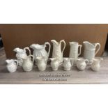 TWELVE PARIANWARE RELIEF MOULDED JUGS, COPELAND GARRET AND SAMUEL ALCOCK, OTHERS UNMARKED
