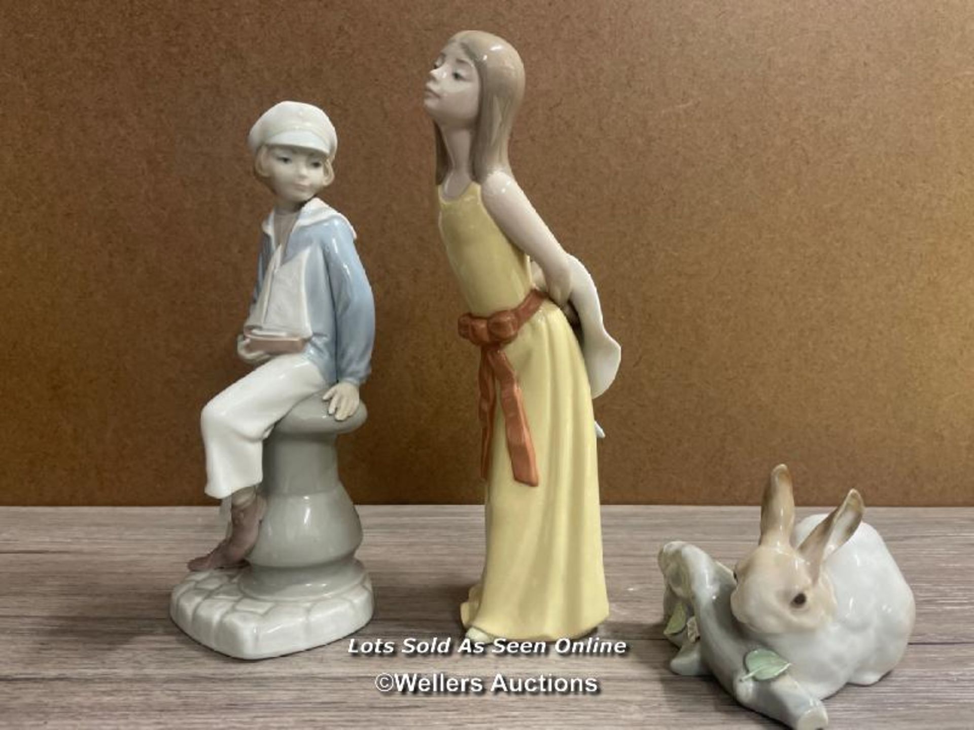 THREE LLADRO FIGURES: SAILOR BOY, RABBIT, YOUNG LADY