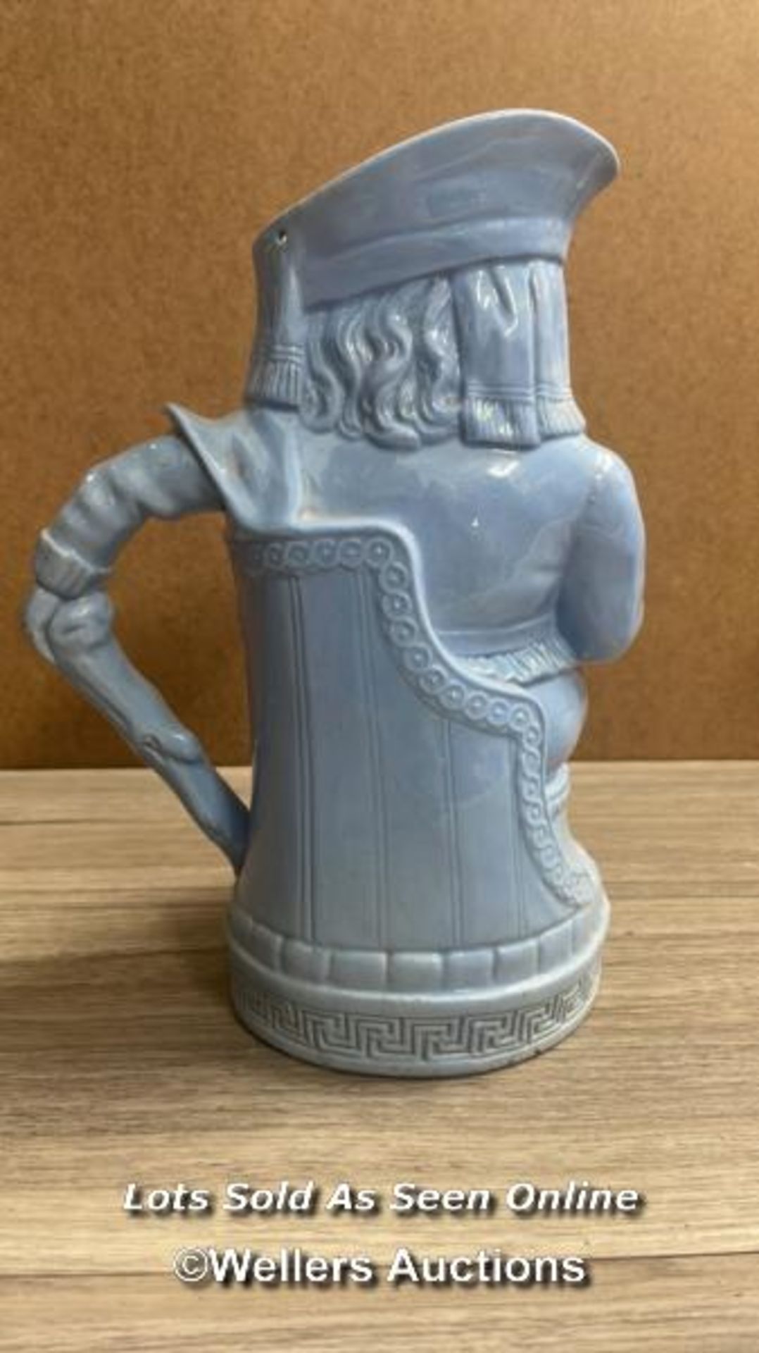 VICTORIAN GILT HEIGHTENED CHARACTER JUG MODELLED AS A PORTLY MAN WITH FRILLED SHIRT; BLUE GLAZE - Image 3 of 9