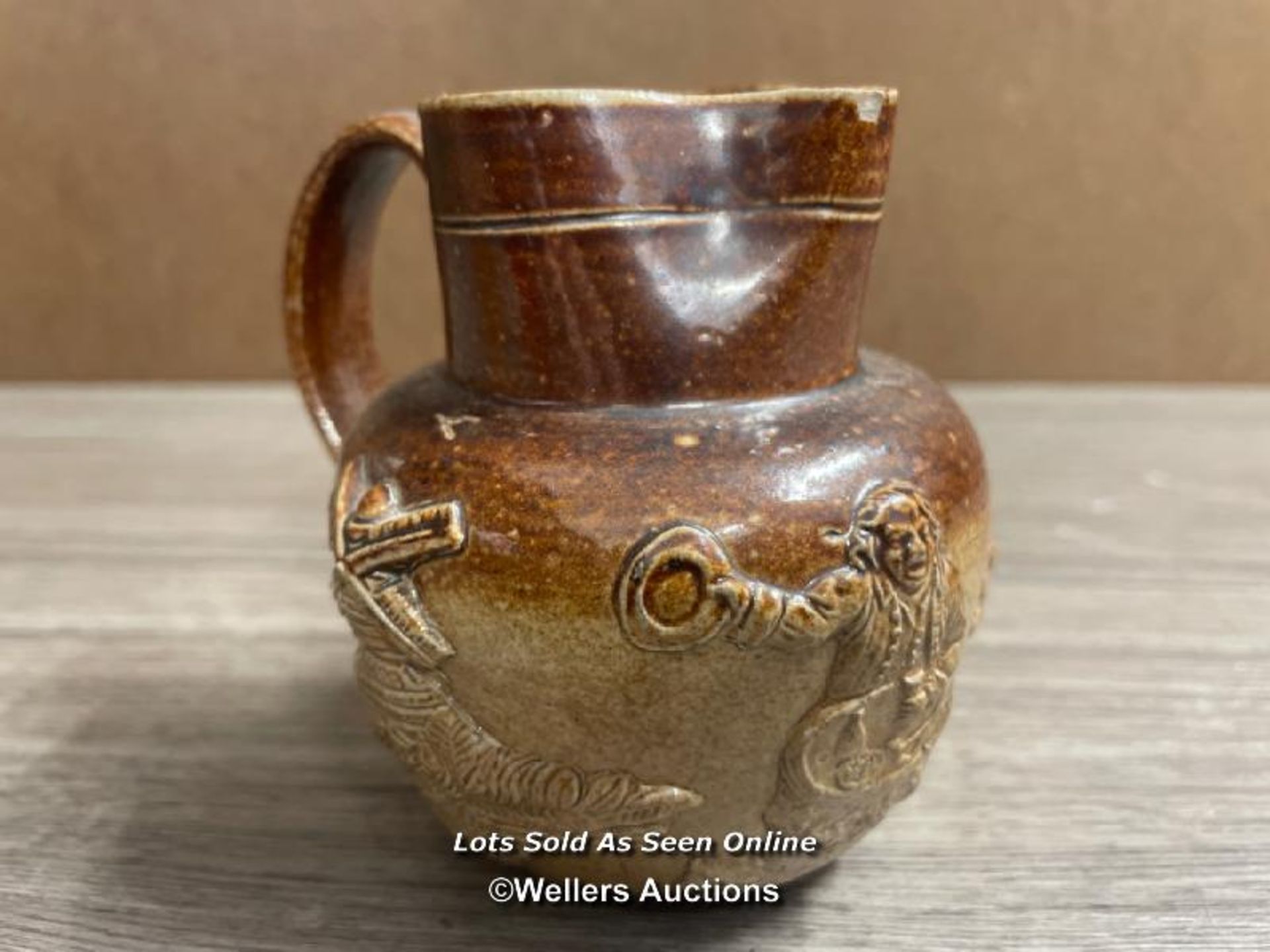 TWO STONEWARE JUGS, ONE MOULDED AS A PIG-NOSED WOMAN - Image 5 of 7