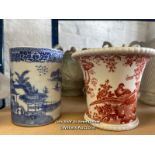ROYAL CROWN DERBY RED AVES CACHEPOT; MODERN CHINESE BLUE AND WHITE MUG