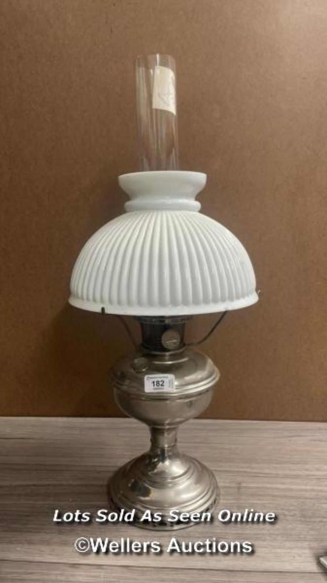 *ALADDIN METAL OIL LAMP WITH RIBBED MILK GLASS SHADE