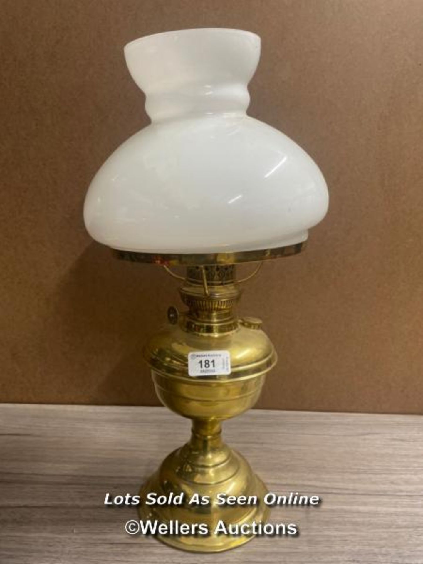 *BRASS OIL LAMP WITH MILK GLASS SHADE